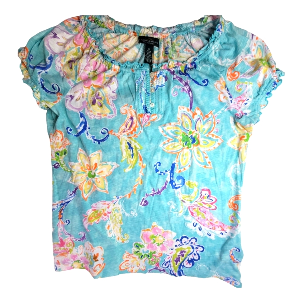 Ralph Lauren Top Medium Henley Floral with Ruffle Cap Sleeves